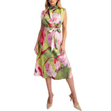 Floral Dress Cowl Neck Sleeveless Waist Tie Midi Satin
