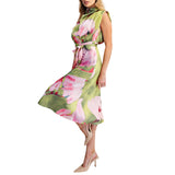 Floral Dress Cowl Neck Sleeveless Waist Tie Midi Satin