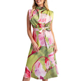 Floral Dress Cowl Neck Sleeveless Waist Tie Midi Satin