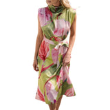 Floral Dress Cowl Neck Sleeveless Waist Tie Midi Satin