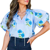 Floral Print Flutter Sleeve Tie Neck Shift Top