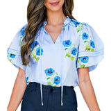 Floral Print Flutter Sleeve Tie Neck Shift Top