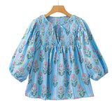 Floral Striped Print Shirred V Neck Blouse