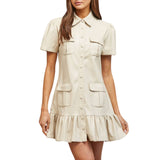 Four Box-Pleated Flap Pocket Faux Leather Dress