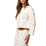 Fringe Detail Cropped Button Down Sweater Jacket
