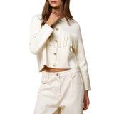 Fringe Detail Cropped Button Down Sweater Jacket