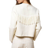 Fringe Detail Cropped Button Down Sweater Jacket