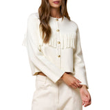 Fringe Detail Cropped Button Down Sweater Jacket