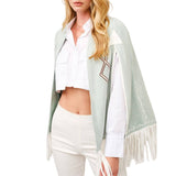Fringe Detail Open Cape Jacket - Blue
