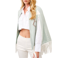 Fringe Detail Open Cape Jacket - Blue