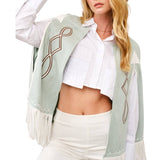 Fringe Detail Open Cape Jacket - Blue