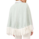 Fringe Detail Open Cape Jacket - Blue