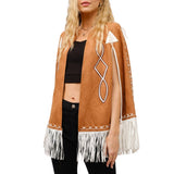 Fringe Detail Open Cape Jacket - Camel