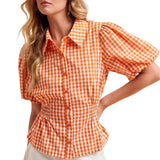 Gameday Gingham Balloon Sleeve Shirt - Orange