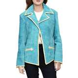Genuine Leather Women Shirt Blazer Jacket - Turquoise