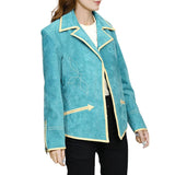 Genuine Leather Women Shirt Blazer Jacket - Turquoise