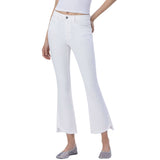 High Rise Raw Slant Step Hem Crop Flare Jeans