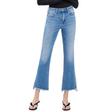 High Rise Slant Raw Hem Crop Flare Jeans