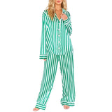 Home Satin Vertical Striped Christmas Pajama Set - Green