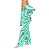 Home Satin Vertical Striped Christmas Pajama Set - Green