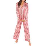 Home Satin Vertical Striped Christmas Pajama Set - Red