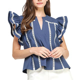 Lace Trim Flutter Ruffle Sleeve Poplin Top