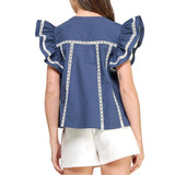 Lace Trim Flutter Ruffle Sleeve Poplin Top