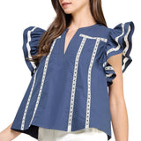 Lace Trim Flutter Ruffle Sleeve Poplin Top