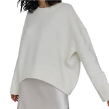 Ladies Solid Color Drop Shoulder Sweater - White