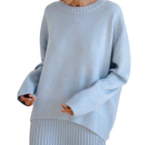 Ladies Solid Color Drop Shoulder Sweater - Light Blue