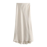 Ladies Solid Color Satin Midi Skirt - Ivory
