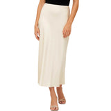 Ladies Solid Color Satin Midi Skirt - Ivory