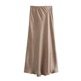 Ladies Solid Color Satin Midi Skirt - Khaki
