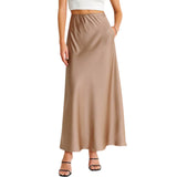 Ladies Solid Color Satin Midi Skirt - Khaki