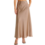 Ladies Solid Color Satin Midi Skirt - Khaki