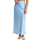Ladies Solid Color Satin Midi Skirt - Light Blue
