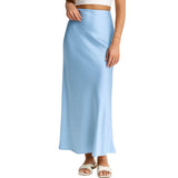 Ladies Solid Color Satin Midi Skirt - Light Blue