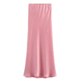 Ladies Solid Color Satin Midi Skirt - Light Pink