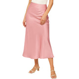 Ladies Solid Color Satin Midi Skirt - Light Pink