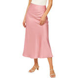 Ladies Solid Color Satin Midi Skirt - Light Pink