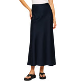 Ladies Solid Color Satin Midi Skirt - Navy Blue