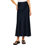 Ladies Solid Color Satin Midi Skirt - Navy Blue