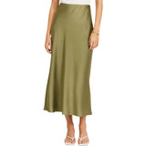 Ladies Solid Color Satin Midi Skirt - Oil Green