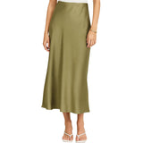 Ladies Solid Color Satin Midi Skirt - Oil Green