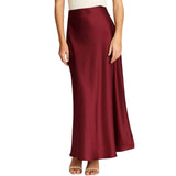 Ladies Solid Color Satin Midi Skirt - Wine