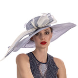 Long Bow Wide Brim Floppy Sinamay Hat - Dusty Blue