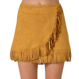 Mustard Suede Fringe Wrap Skirt