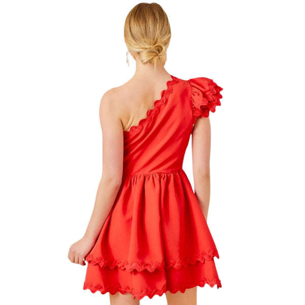 One Shoulder Scallop Edge Trim Solid Dress