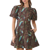 Peacock Print Puff Sleeve Button Down Mini Dress