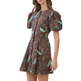 Peacock Print Puff Sleeve Button Down Mini Dress